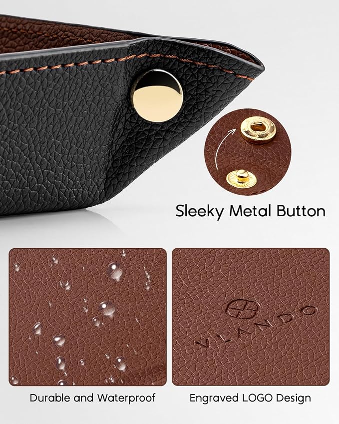 VLANDO Valet Tray Organizer, Foldable PU Leather Catchall Tray, Brown | Large 8.5 Inch Nightstand Dresser Desk and Entryway Organizer for Keys, Wallet, Watch, Phone, Coins and Jewelry