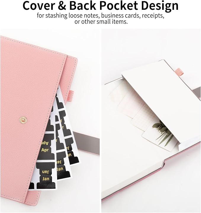 A5 Lined Leather Journal Notebook, Hardcover Journal Set with Pen, Monthly Index Tabs and Gift Box, 320 Pages 100GSM Thick Paper, Thick Daily Diary, Journal for Women, Men, School, Travel, Work(Pink)