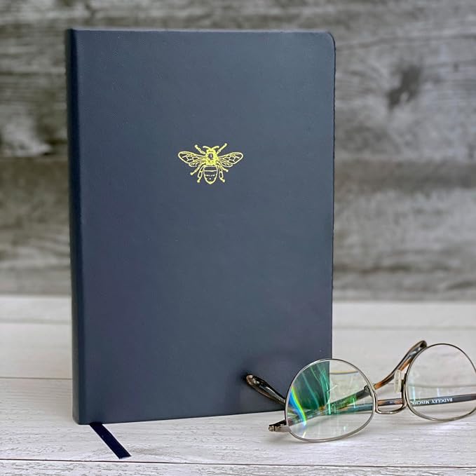 RICCO BELLO Lined Journal Notebook, Navy Bee, 5.7 x 8.4-Inches | Faux Leather Hardcover, Pen Holder, College Ruled, 96 Sheets / 192 Pages, For Work & Notes