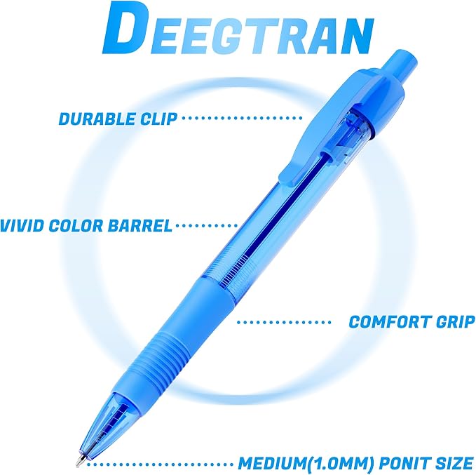 deegtran Pens Bulk, 30 Pack No Bleed Sky Blue Ink Click Pens with Soft Grip, Wholesale Retractable Ballpoint Pens for Office School, Medium Point Smooth 1.0MM
