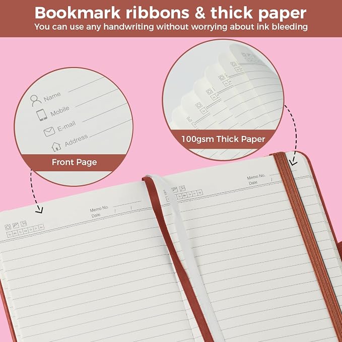 3 Pack Pocket Journal Notebooks, A6 Small Mini Notepad with Pens, 3.7" x 5.7" Leather Hardcover Note Book for Women/Men Work, 400 Pages 100GSM Lined Paper, Brown