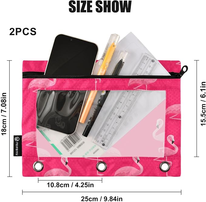 Flamingo on Pink Pencil Pouch Fits standard 3-ring binders, Zipper Binder Pencil Bag with Clear Window for Office 2 Pack