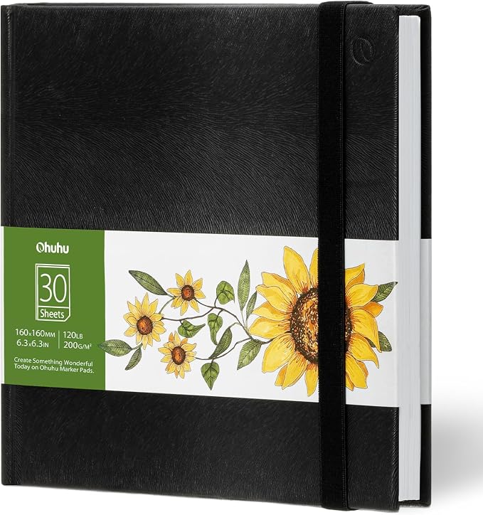 Ohuhu Marker Pads Art Sketchbook, 6.3"x6.3" Mini Square Size, 120 LB/200 GSM Heavy Smooth Drawing Papers, 30 Sheets/60 Pages, Hardcover Sketch Book, for Alcohol Marker Christmas Gift