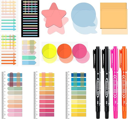 BAYTORY 1700 Sheets Transparent Sticky Notes, See Through Sticky Tabs | Book Annotation Kit for Bible Study, 4Pcs Double Marker Pens, Transparent Index Tabs for Annotation Kit (Light Colors)