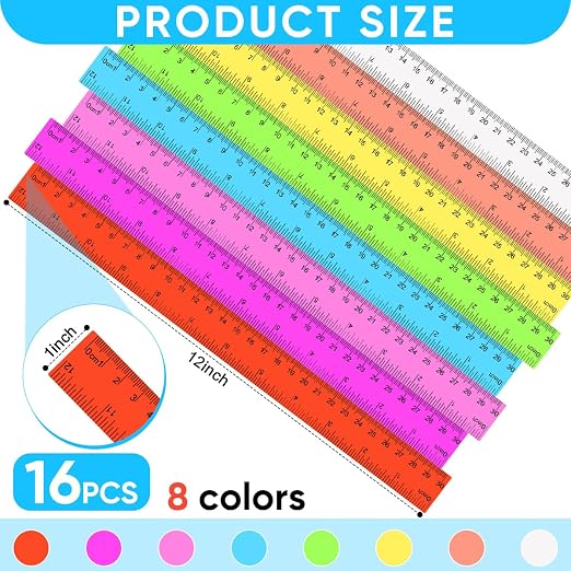 SenseYo 16 Pcs Clear Plastic Rulers 12 Inch Color Transparent Ruler with Centimeters and Inches for Kids Classroom Office Supplies