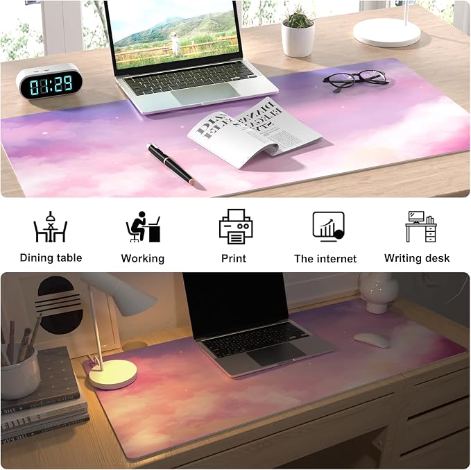 Colorful Star Pink Purple Cute Waterproof Desk Mat, 31.5" x 11.8" | Large Office Mouse Pad for Girls Women, Non-Slip Computer Gaming Keyboard Mat, Desk Accessories Décor for Work