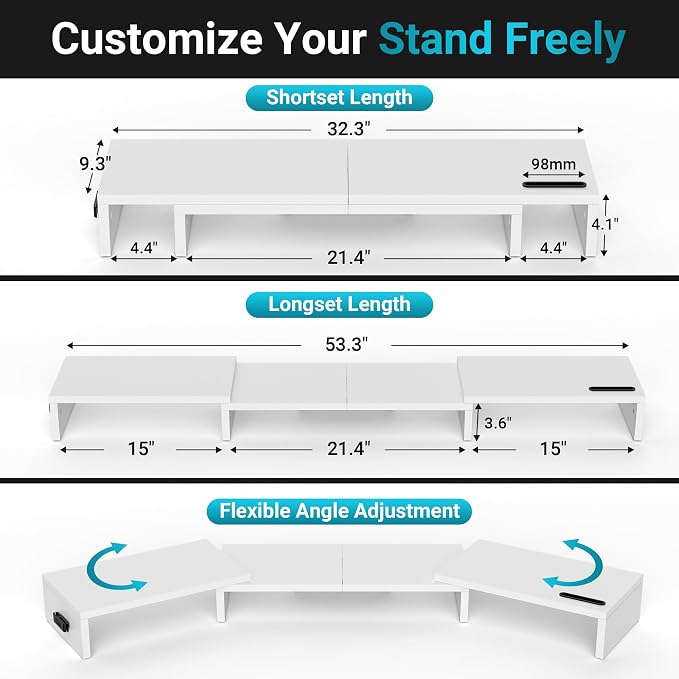 BONTEC Triple Monitor Stand Riser with Smartphone Holder, Adjustable Length & Swivel Angle, Ergonomic Wooden Desktop Organizer for PC Monitor, Laptop, Printer, Large Storage, 53.3 in, White