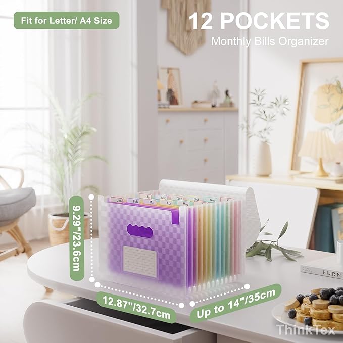 ThinkTex Accordion File Organizer, 12 - Pocket Expanding File Folders | for Paper Receipts, Bills & Taxes Organizer, Letter/A4 Size Document Holder for School, Office, Home with tabs-Purple