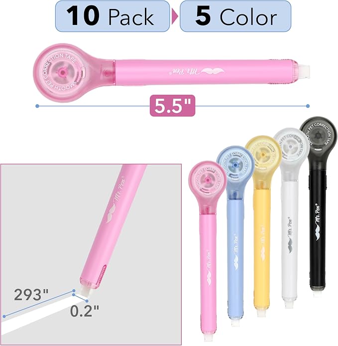 Mr. Pen- Correction Tape Pen, 10 Pack, 0.2" x 293", Bright Colors | Correctional Tape, Push-Pull Protective Cover, Pen Style Applicator for Quick Corrections, Office and School Supplies