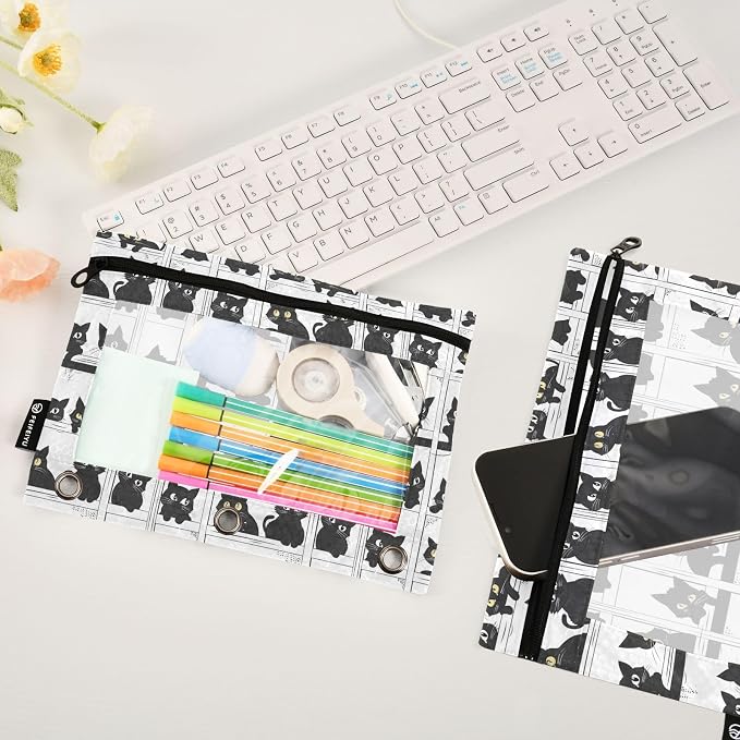Binder Pencil Pouches, Set Of Cats Pencil Case with Clear Window 3 Rings Cosmetic Bags Office Supplies 2 Pack