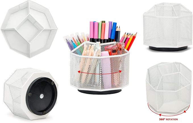 Exerz Desk Organizer 360 Rotating Pen Holder 5 Compartments Caddy White | Smooth Spinning Base with Open Mesh Sections Easy Access to Pens Brushes Scissors Daily Desk Tools