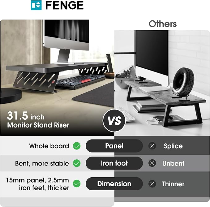 Fenge Monitor Stand Riser, Wooden & Metal Desk Shelf Organizer, Black | 31.5 Inch Computer Stand for Compact Work Station, Multifunctional Monitor Shelf for Laptop, PC, Printer