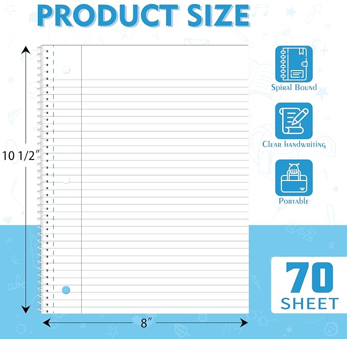Yeplan Spiral Notebooks 6 Pack, College Ruled Notebook Paper, 1 Subject Notebook for School & Work, 8" x 10-1/2", 70 Sheets per Notebook, 6 Assorted Colors