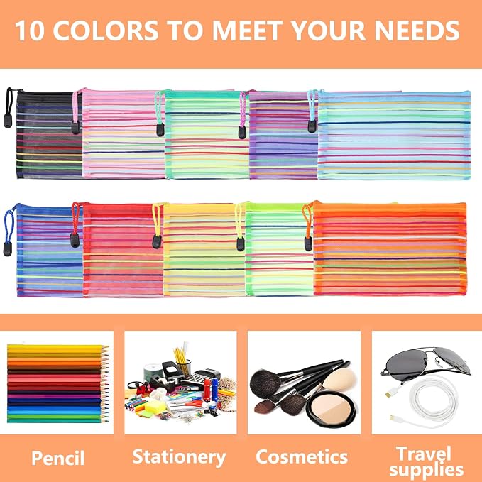 20 Pack 10 Colors Pencil Pouch Bulk Mesh Zipper Pouch Bags, Small Storage Bag, Multipurpose Pencil Case for School and Office Supplies, Travel Accessories