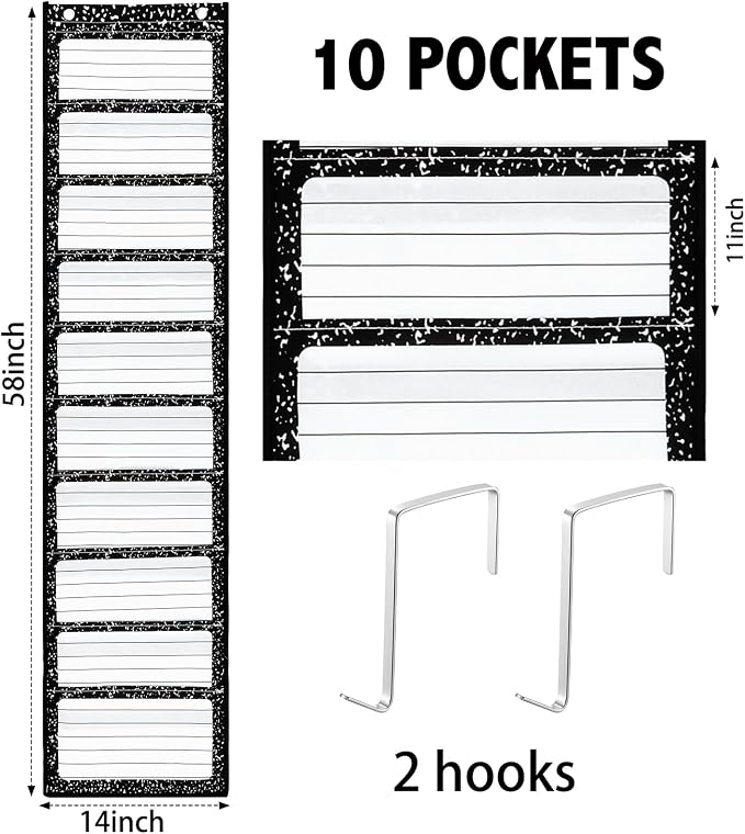 MotiMind Black Spots 10 Pockets Wall Hanging File Folders File Storage Pocket Chart for Classroom Hanging Wall Organizer with 2 Over The Door Hangers, 58" x 14" for School Classroom Office Home