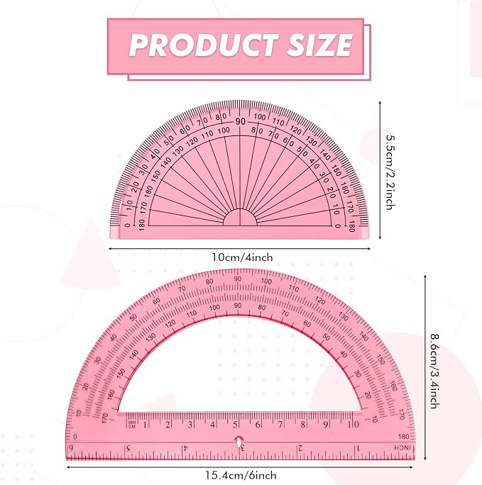 EBOOT 2 Pcs Plastic Protractor Clear 180 Degrees Transparent Protractor for Geometry, 4 Inch and 6 Inch(Light Pink)