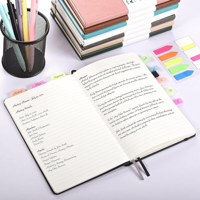 OMEYA A5 Hardcover Notebooks for Work: 3 Pack, 100gsm Paper, 160 Pages Each | College-Ruled, 5.75" x 8.38", PU Leather Hardcover, 3 Pens, 2 Inner Pockets, 180° Lay-Flat, For Business, School