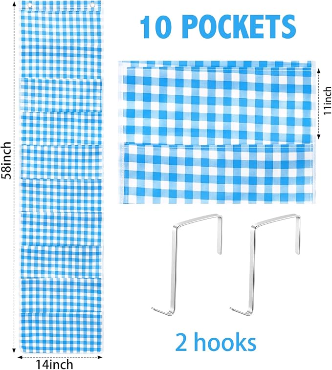 MotiMind 10 Blue Plaid Pockets Wall Hanging File Folders File Storage Pocket Chart for Classroom Hanging Wall Organizer with 2 Over The Door Hangers, 58" x 14" for School Classroom Office Home
