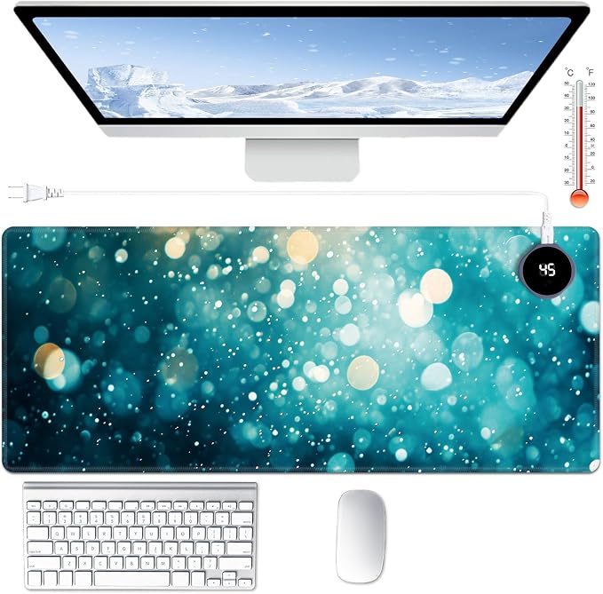 Heated Desk Pad Large Mouse Pad 31.5 x 13 inch with 3 Levels Heating & Auto Shut-Off Warm Mouse pad PU Leather Computer Mousepad for Home Office Work - Green Glitter