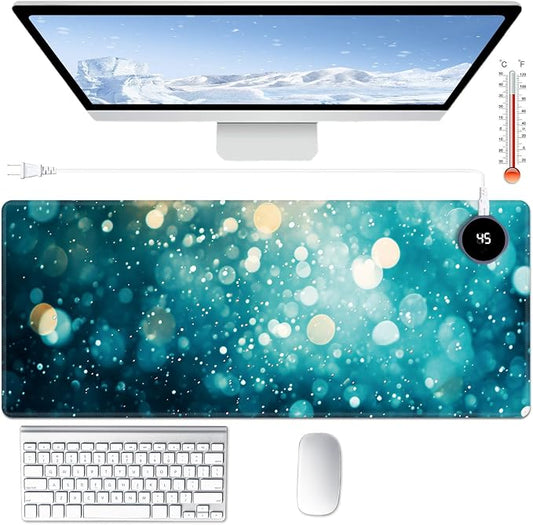Heated Desk Pad Large Mouse Pad 31.5 x 13 inch with 3 Levels Heating & Auto Shut-Off Warm Mouse pad PU Leather Computer Mousepad for Home Office Work - Green Glitter