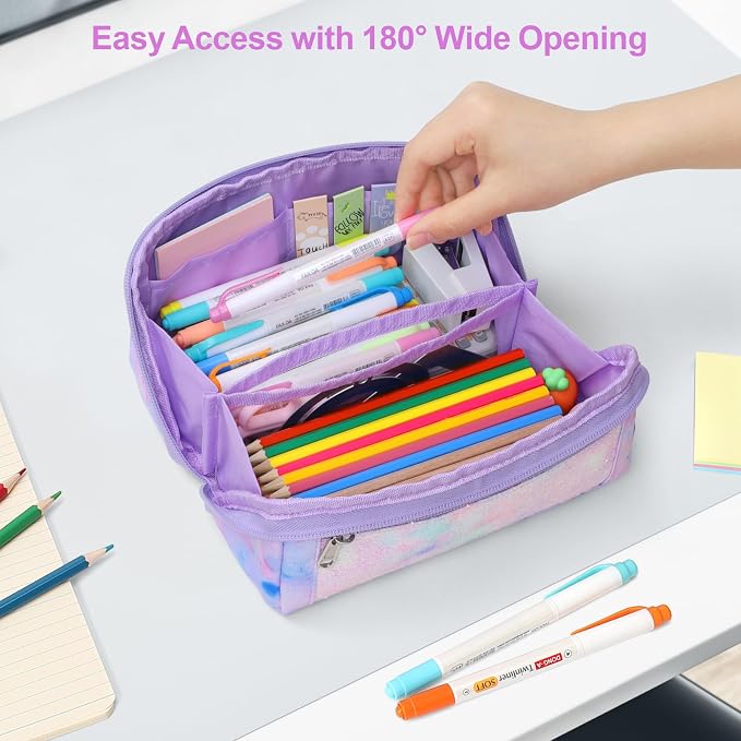 Large Pencil Case for Girls - Aesthetic Pencil Pouch for School | Kids Pencil Case & Wide Handle, Water Resistent Organizer Box, Fits 50 Pens & Markers, Daily Use, Glitter Purple Tie-Die