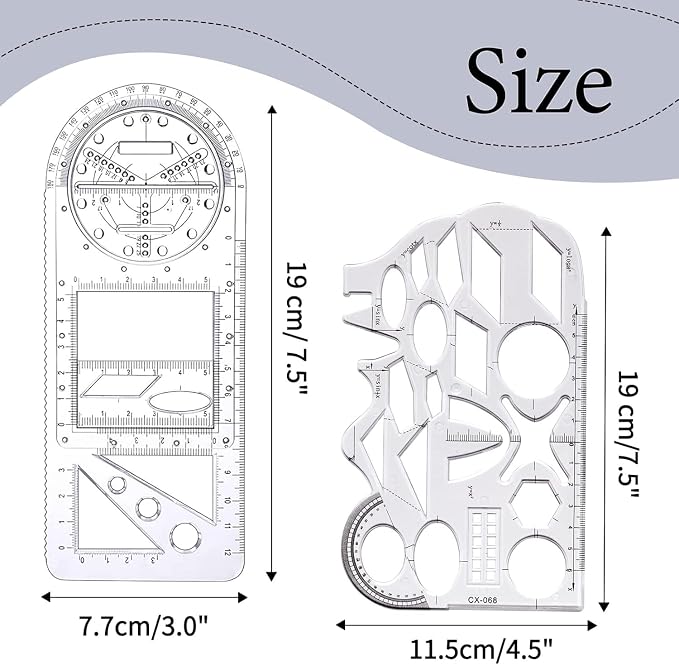 Multifunctional Geometric Ruler, 2 Pcs Geometric Drawing Template Measuring Tool Plastic Mathematics Drawing Ruler, Draft Rulers for Student School Office Supplies and Building Supplies-Clear