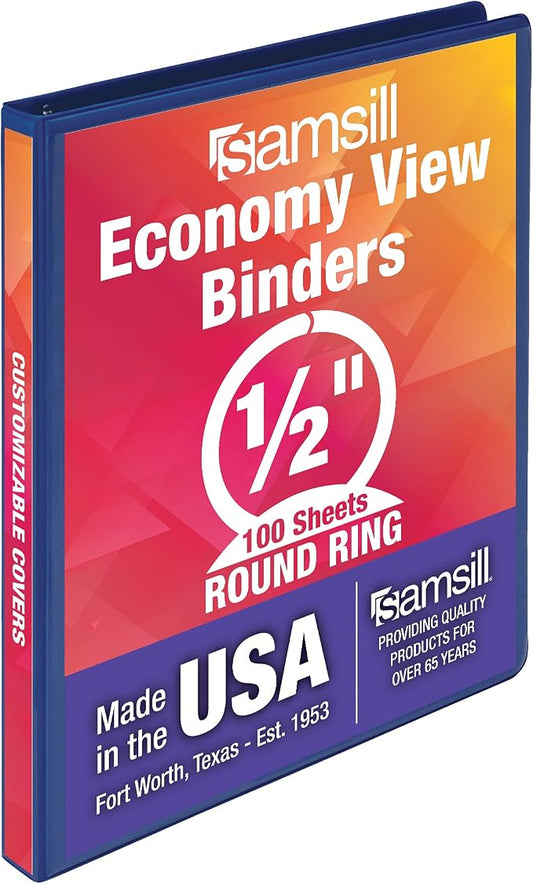 Samsill Economy 0.5 Inch 3 Ring Binder, Round Ring Binder, Customizable Clear View Cover, Dark Blue