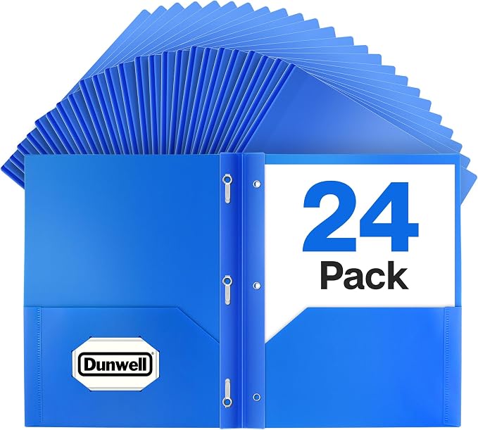 Dunwell Plastic Folders with 3 Prongs, (24 Pack, Blue), 2-Pocket Folders with Fasteners, Durable Acid-Free Poly for Long Term Use, Labels Included