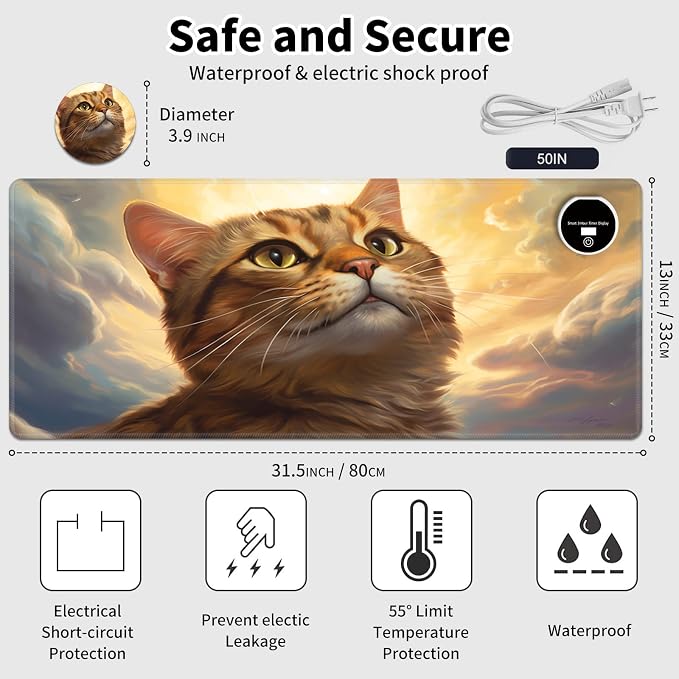 Warm Desk Pad,Heated Desk Pad,Office Mat,3 Heating Levels & 3 Hours Auto Shut-Off,31.5"*13" Gaming Mouse Laptop Keyboard Leather Desk Mat,Orange Cat Sky