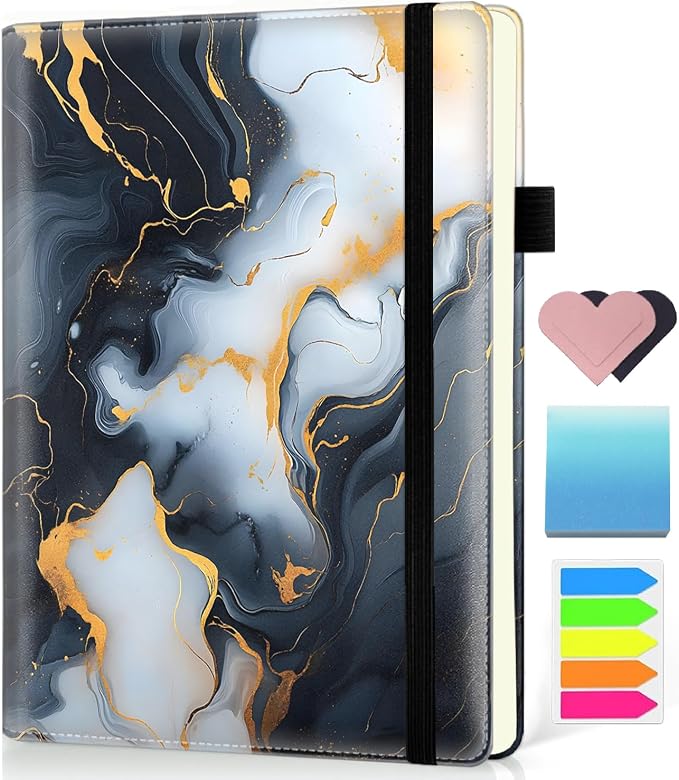 Hardcover Executive Notebooks, A5 PU Leather Lined Journal Notebook, 200 Pages Thick Paper Subject Notebooks for School,Work,Home Writing Business Notebook, Diary Book ，Black White Gilded Marble