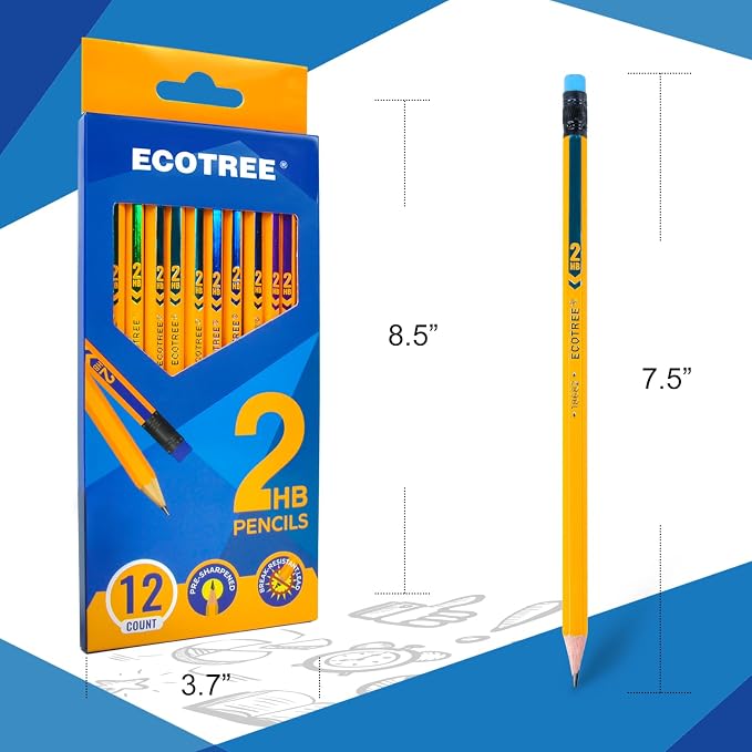 ECOTREE Pre-Sharpened Pencils #2 HB, Wood-Cased Number 2 Pencils with Erasers for Writing, Drawing, Sketching, Yellow Pencil Bulk for School Supplies, 48 Count