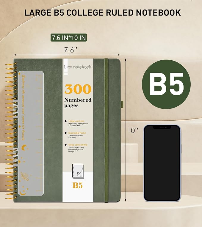 B5 Spiral Notebook Journal 7.6” x 10”, 300 Numbered Pages Hardcover Leather Journals for Women Men, Large Lined College Ruled Notebooks, 100GSM Thick Paper, Spiral Bound Journal for Work School, Green