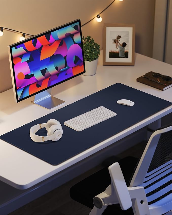 Leather Desk Pad Protector,Office Desk Mat,Large Mouse Pad, Non-Slip PU Leather Desk Blotter,Desk Pad,Waterproof Desk Writing Pad for Office and Home (Blue,35.4" x 17")