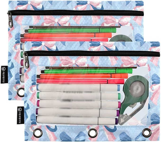 Pink Bow Blue Pattern Pencil Pouch for 3 Ring Binder 2 Pack Zipper Binder Pencil Bag with Clear Window Pencil Case for Office Supplies