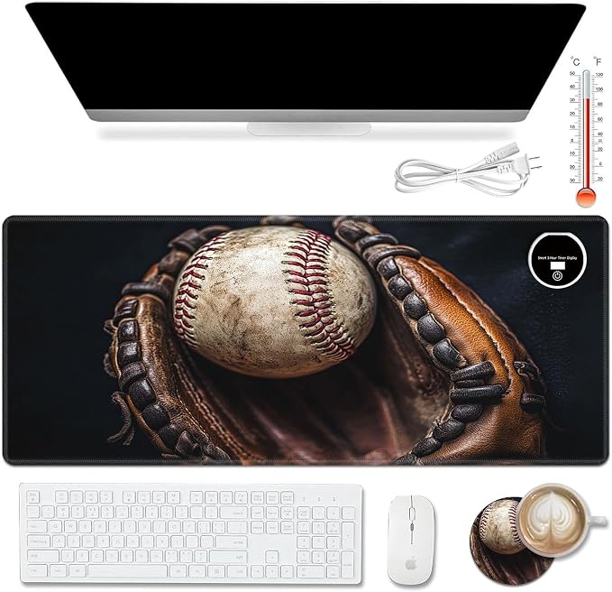 Warm Desk Pad,Heated Desk Pad,Office Mat,3 Heating Levels & 3 Hours Auto Shut-Off,31.5"*13" Gaming Mouse Laptop Keyboard Leather Desk Mat,Retro Baseball