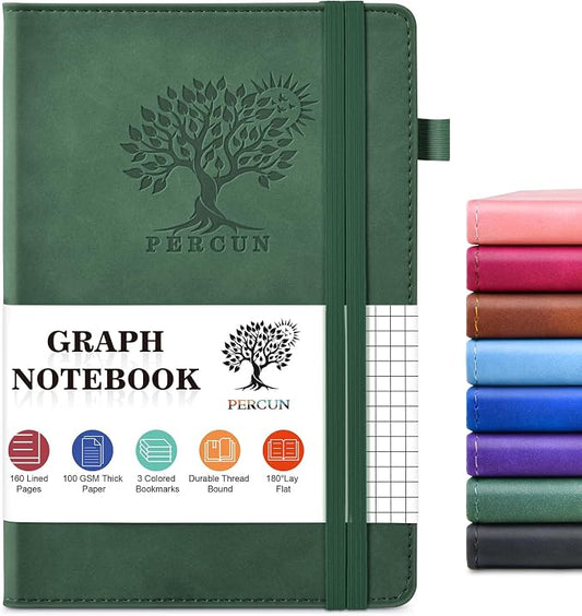 PERCUN A5 Graph Paper Notebook, Leather Journal, 160 Pages Grid Notebook | 5.9"x8.5" hardcover journal with quad ruled paper for work, school, writing, notes, journaling and daily planning.