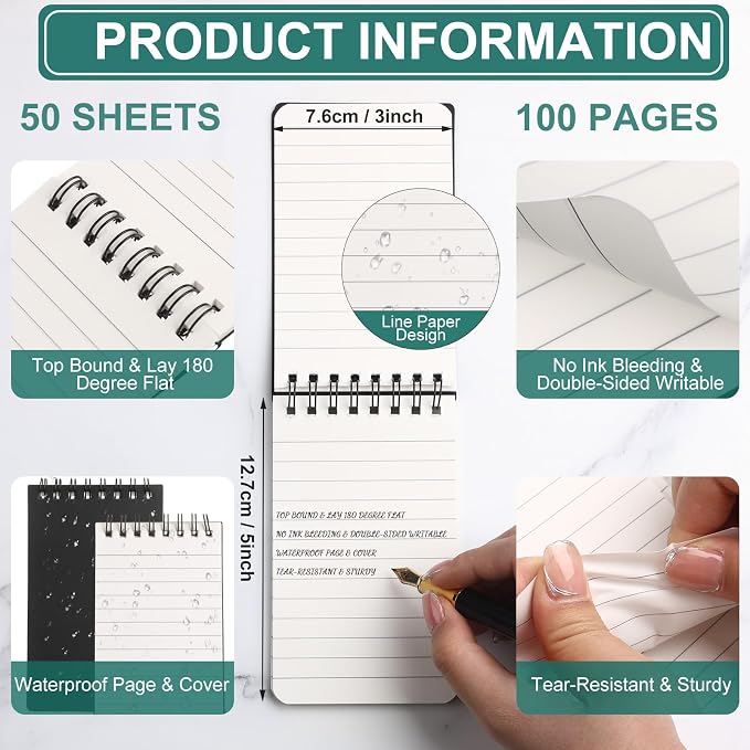 Geyoga 12 Pack Waterproof Small Notebooks 3" x 5" Top Spiral Notepads 100 Pages Mini Journals Pocket Notebooks Hardcover Memo Pads for Outdoor Work School (Black)