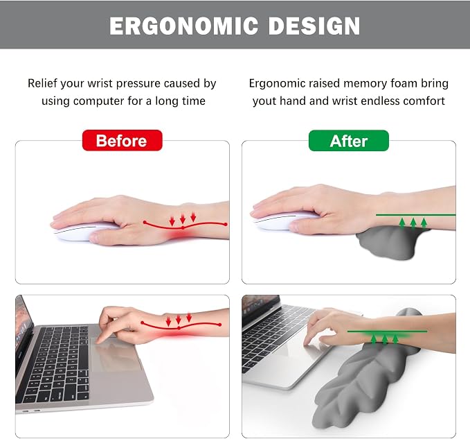 Keyboard Wrist Rest Pad Set, Leaf Shape PU Leather Memory Foam Wrist Cushion Support,Mouse Wrist Rest Pad,Non-Slip Wrist Support for Easy Typing Pain Relief, Grey Leaf