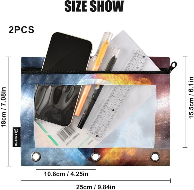 ALAZA Pencil Pouch for 3 Ring Binder, Waterfire Football Soccer Binder Pencil Pouches with Clear Window Zipper Pencil Case Cosmetic Bags for Office College Supplies, 2PCS