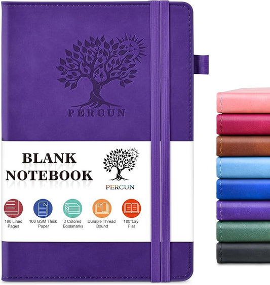 PERCUN Blank Journal Notebook, A5 Hardcover Sketchbook, 140 Pages 5.9"×8.5" | Leather Unlined Notebook for Drawing & Writing, Travel Diary, Art Journal for Men Women, School & Work