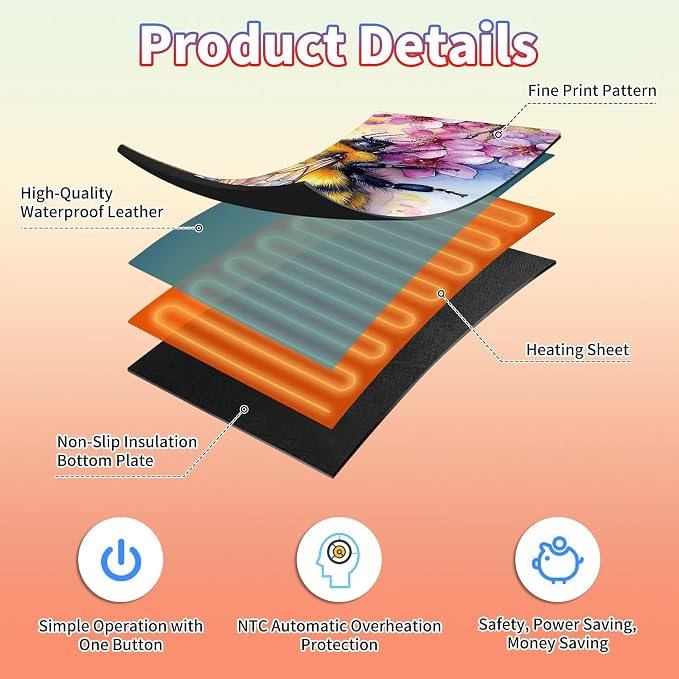 Heated Desk Pad Large Mouse Pad 23.6 x 14.1 inch with 3 Levels Heating & Auto Shut-Off Warm Mouse pad PU Leather Computer Mousepad for Home Office Work - Cherry Blossom and Bee