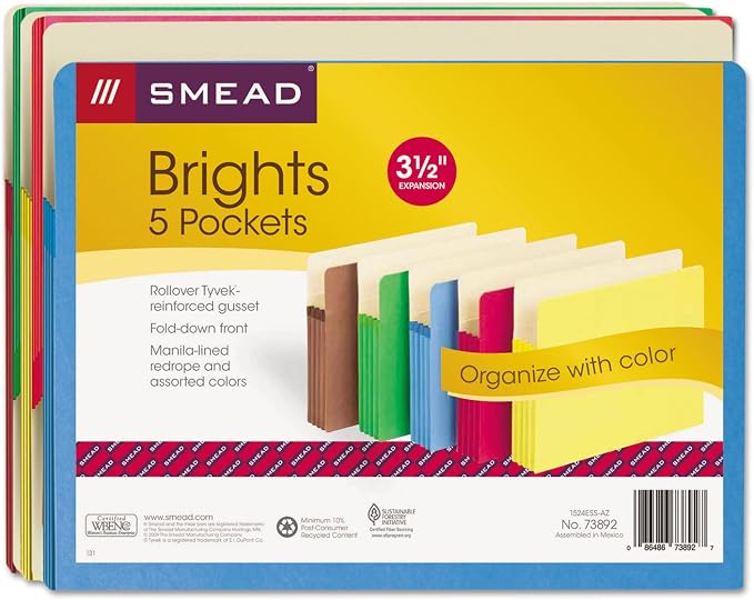 Smead File Pocket, Straight-Cut Tab, 3-1/2" Expansion, Letter Size, Assorted Colors, 5 per Pack (73892)