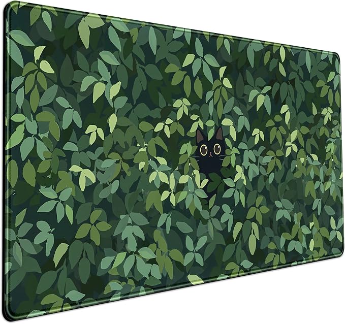 Cute Cat Kawaii Green Desk Mat - Large Gaming Mouse Pad & Keyboard Laptop Mat - Anime XL (31.5x15.7 in) - Non-Slip Base, Stitched Edges