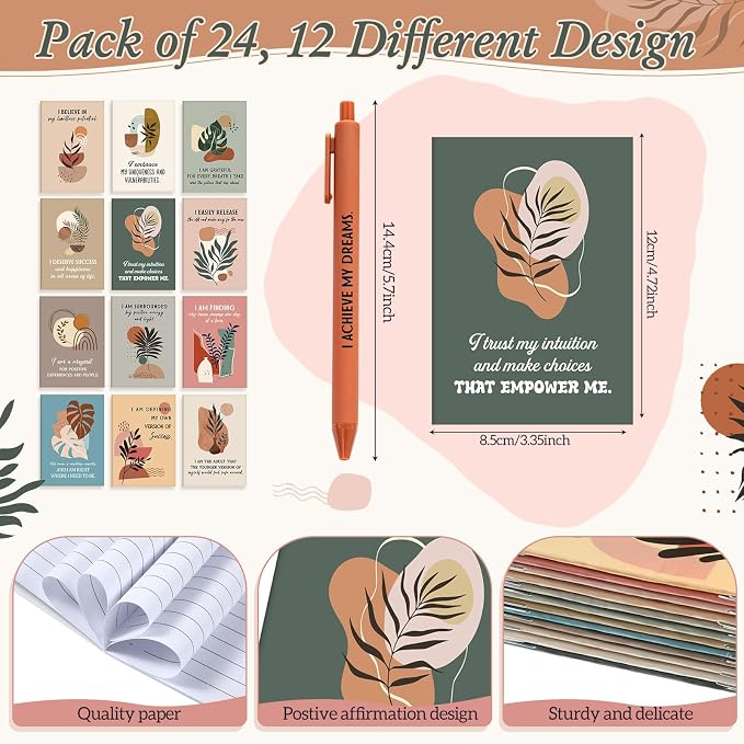Mooliwe 48 Pcs Positive Affirmation Gift Set Gratitude Notebooks with Pens Small Bags Motivational Encouragement Notepads Daily Affirmations Journal for Women Stress Relief Self Care (Plant)