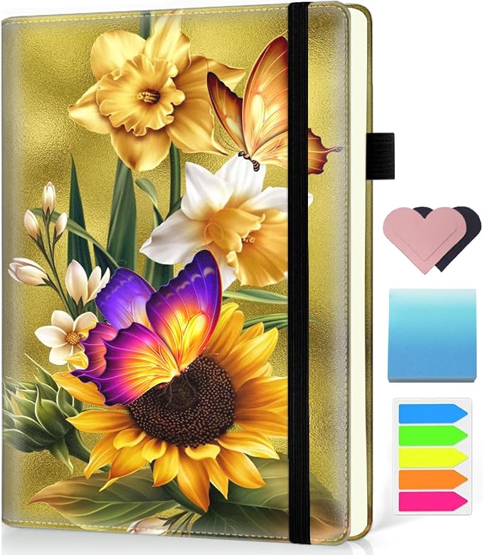 Hardcover Executive Notebooks, A5 PU Leather Lined Journal Notebook, 200 Pages Thick Paper Subject Notebooks for School,Work,Home Writing Business Notebook, Diary Book ，Sunflower Butterfly