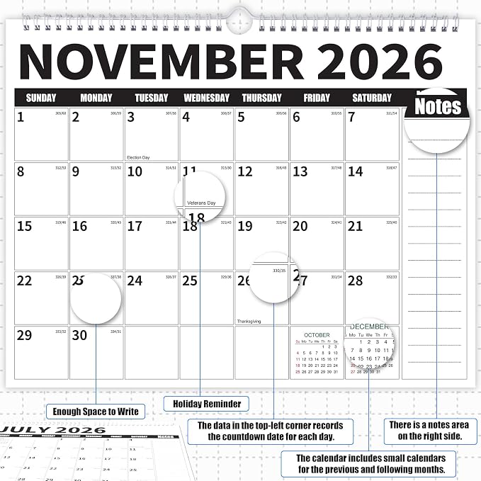 Wall Calendar 2026-2027 (July 2026 - December 2027) - 18 Month Large Hanging Calendar 14.57 x 11.42 Inches, Monthly Planner with Ruled Blocks, Thick Paper, Holidays, To-Do List & Notes for Home, Office, Classroom