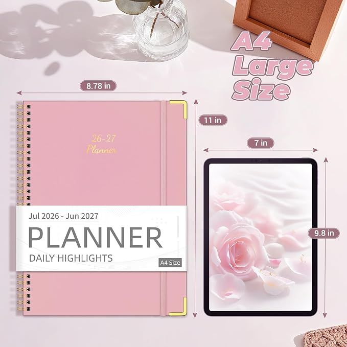 Academic Planner 2026-2027, 8.5" x 11", Hardcover Weekly Planner, Pink | Calendar Planner July 2026 - June 2027, Agenda Book with Tabs, Inner Pocket and Sticker for Office & School, A4