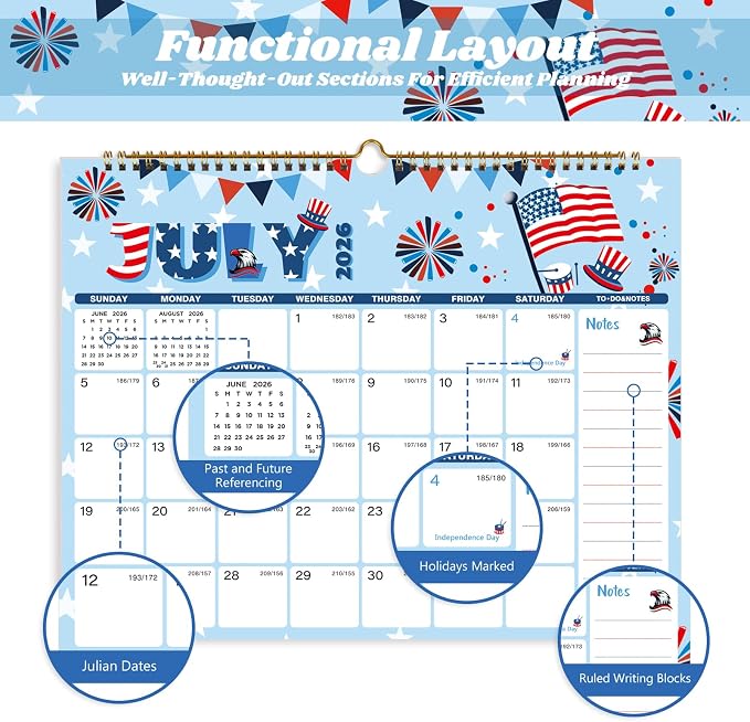 XISIDO 2026-2027 Wall Calendar, Calendar 2026-2027, 18 Month Calendar July 2026 - December 2027, 14.8" X 11.5", Calendar with Twin-Wire Binding, Hanging Hook and Julian Dates (Seasonal Designs)