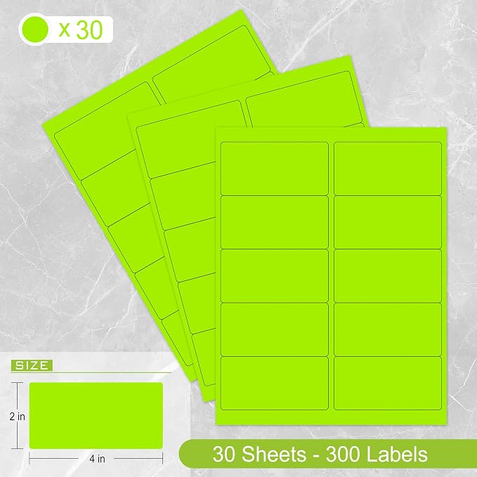 L LIKED 300 Fluorescent Green Labels, 2"X4" Neon Colored Labels Handwritten or Inkjet/Laser Print for Shipping Envelopes & Small Packages - 30 Sheets