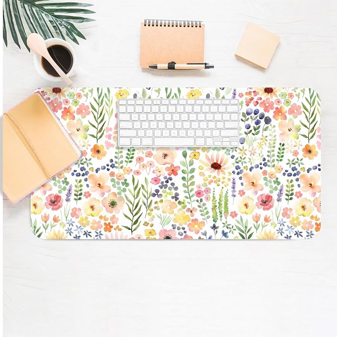 Flower Large Mouse Pad, Floral Desk Matt for Desktop, PU Leather Waterproof Desk Pad, Computer PC Laptop Protector Gaming Mouse Pads for Women Office Decor (27.5" x 13.8")